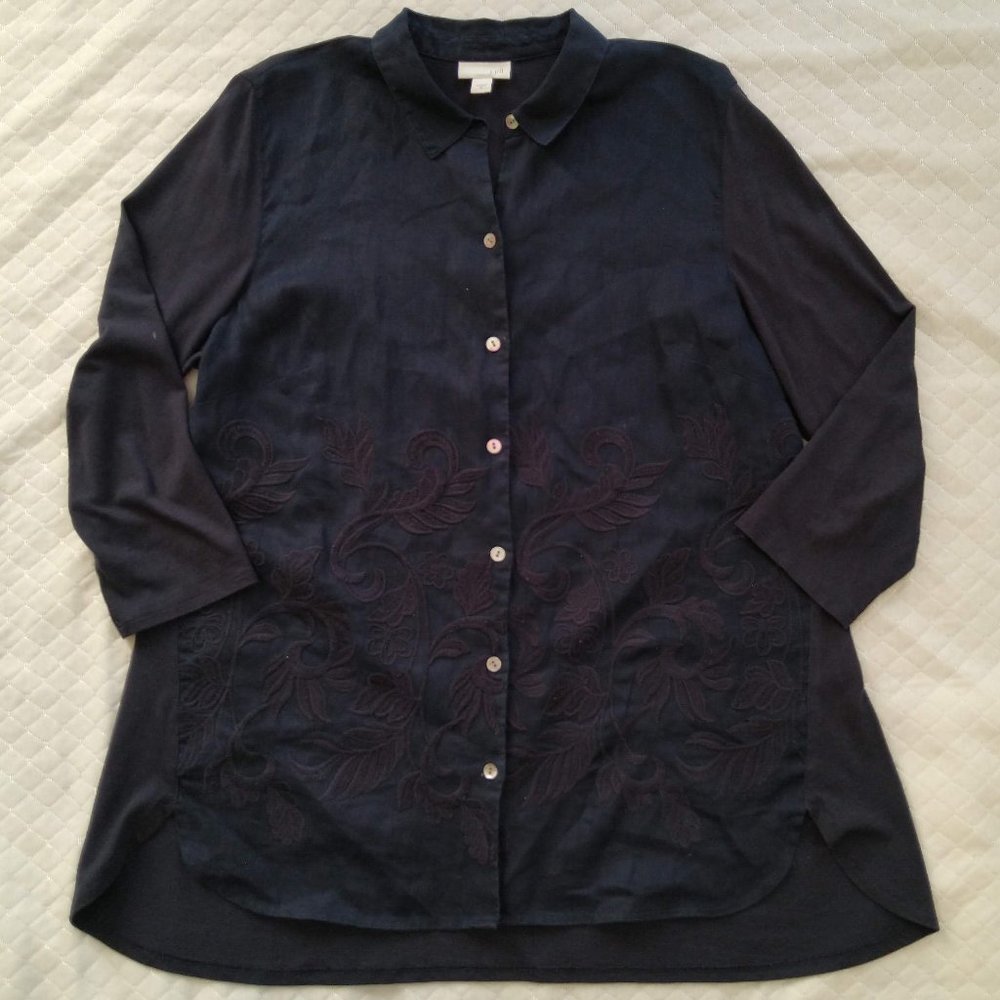 J Jill Blouse Top Blue Embroidered Linen Jersey Tunic Collared Button Front M
